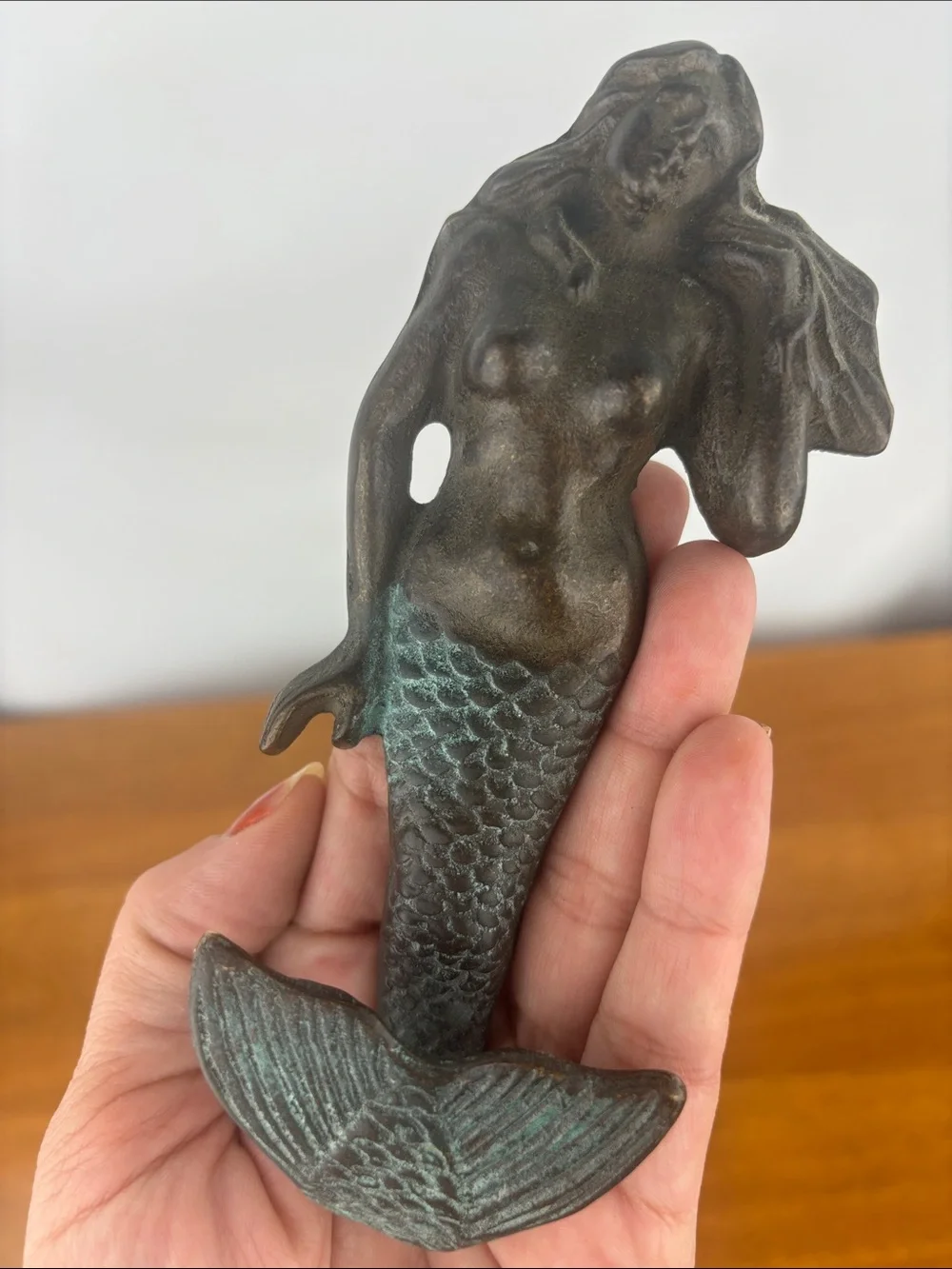 Vintage 80s-90s SPI cast iron mermaid & Neptune wall hooks pair verdigris